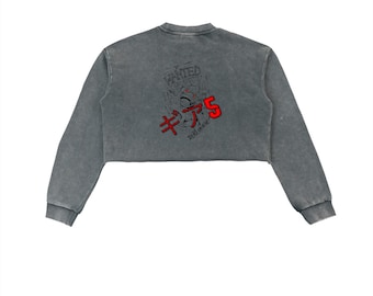 Anime Inspired Snow Washed Raw Edge Cropped Sweatshirt