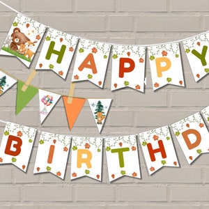 Juego de banderines de feliz cumpleaños, kit de banderines de cumpleaños imprimibles, banderines de fiesta, banderines de animales bebés, hojas de otoño, guirnaldas, corte fácil, acuarela