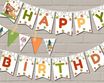 Banner de feliz cumpleaños de animales del bosque: Decoración para fiesta de otoño (Descarga digital)