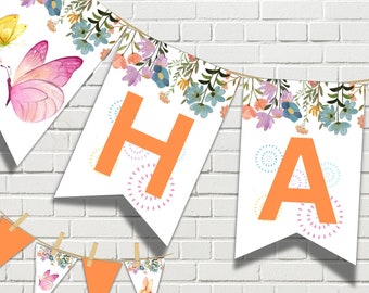 Banner de Feliz Cumpleaños Floral: Conjunto de banderines de mariposas y flores (PDF)