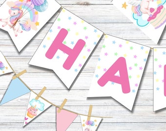 Banner de feliz cumpleaños de unicornio: Decoración de fiesta en tonos pastel (Descarga digital)