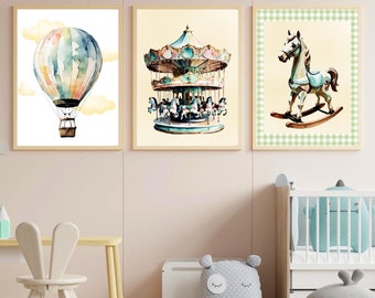 Conjunto de arte de pared vintage para habitación infantil: carrusel, globo aerostático y caballo balancín (descarga digital)