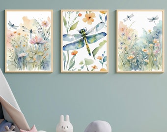 Decoración de guardería con flores silvestres: Láminas botánicas de libélulas, juego de 3 (descarga digital)