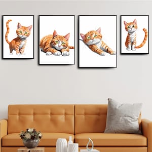 Juego de impresiones artísticas de gato jengibre, gato naranja, juego de 4 para pared de galería, adorable decoración de guardería, obra de arte felina, gatitos lindos, regalo de cumpleaños, póster de gato