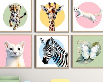 Láminas de animales salvajes para guardería: Juego de 6, decoración para habitación infantil (descarga digital)