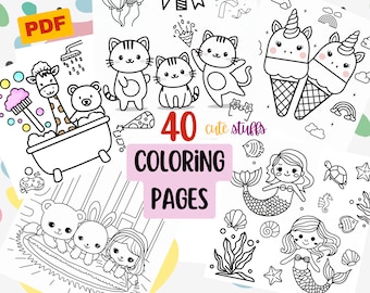 Dibujos para colorear de cosas lindas para niños, arte kawaii imprimible, descarga instantánea, PDF