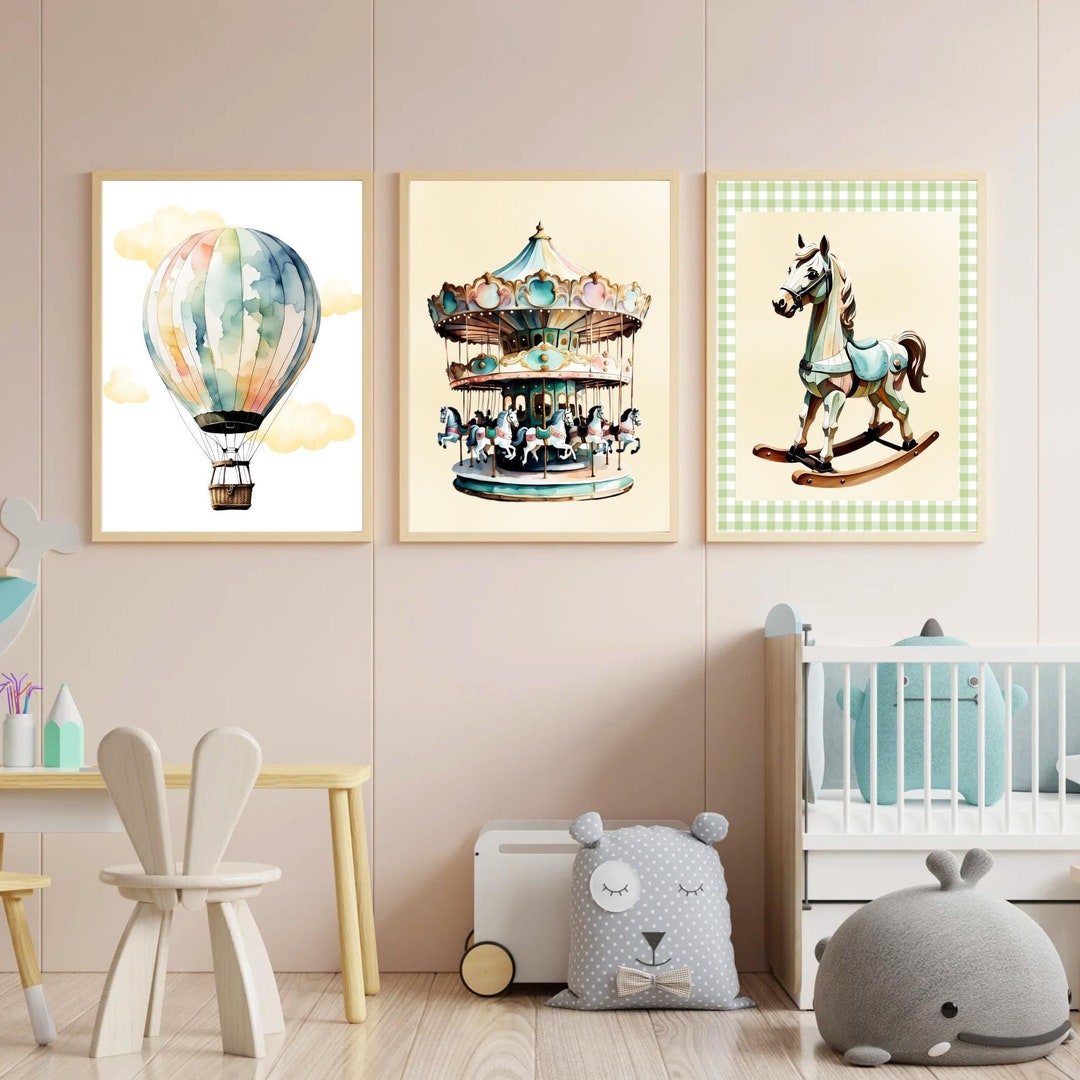 Vintage Nursery Wall Art Set: Carousel, Hot Air Balloon, Rocking Horse ...