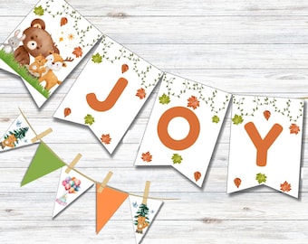 Pancarta de Feliz Aniversario: Animales del bosque, Pancarta otoñal, Decoración de cumpleaños en francés (PDF)