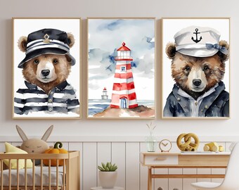 Láminas infantiles de oso náutico: Faro, océano (descarga digital)
