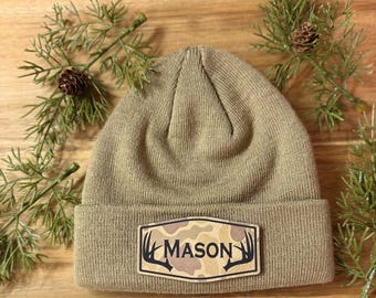 Personalized camo patch beanie, custom name winter hat