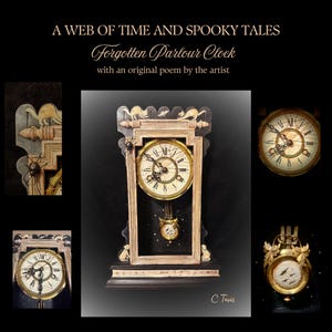 May include: A decorative mantel clock titled A WEB OF TIME AND SPOOKY TALES Forgotten Parlour Clock with an original poem by the artist. The clock features a black and cream frame, a round face with Roman numerals, and a pendulum with bat motifs.