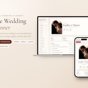 Könnte beinhalten: Ein digitaler Hochzeitsplaner auf einem Laptop- und Smartphone-Bildschirm. Die Benutzeroberfläche zeigt den Text 'The Wedding Planner', 'Emilia & Marco' und 'Instant Download'. Das Layout enthält Bereiche für Budget, Gäste und Sitzordnung in einem beigen Farbschema.