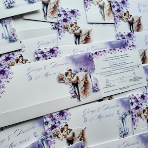 elegante invitación en tonos morados y lilas, con dos novios, tipo diapositiva, elegante