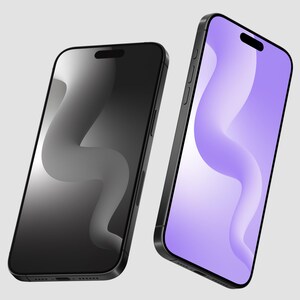 Pode incluir: Dois smartphones, um preto e outro roxo, com um design abstrato ondulado na tela. Os telefones estão posicionados em ângulo, com o preto à esquerda e o roxo à direita.