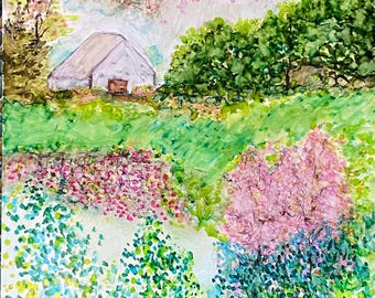 Alcohol ink/Watercolor painting on smooth gesso board 10 inches by 8 wide “KentuckyBluegrass” farm nostalgic scene