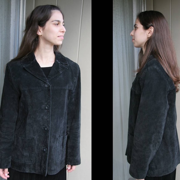 Vintage New York & Co. Rustic Black *Genuine Suede Leather* Rugged Barn Jacket / Coat, Late 1990s, US Misses' Medium, Excellent Condition!