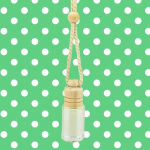 May include: A clear glass bottle with a wooden cap and a beige rope for hanging. The bottle is suspended against a green background with white polka dots. The wooden cap has a light brown color.