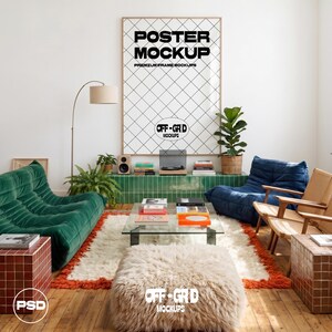 May include: A large vertical poster mockup in a wooden frame featuring a black grid pattern and the text POSTER MOCKUP, PREMIUM FRAME MOCKUPS, and OFF-GRID MOCKUPS. The poster is displayed on a wall above a green tiled console table in a living room.