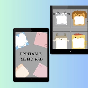 May include: Printable memo pad with a gray background and various animal-themed notepads. The notepads feature a cow, lion, deer, and chicken with blank spaces for writing. The text "Printable Memo Pad" is displayed in black.