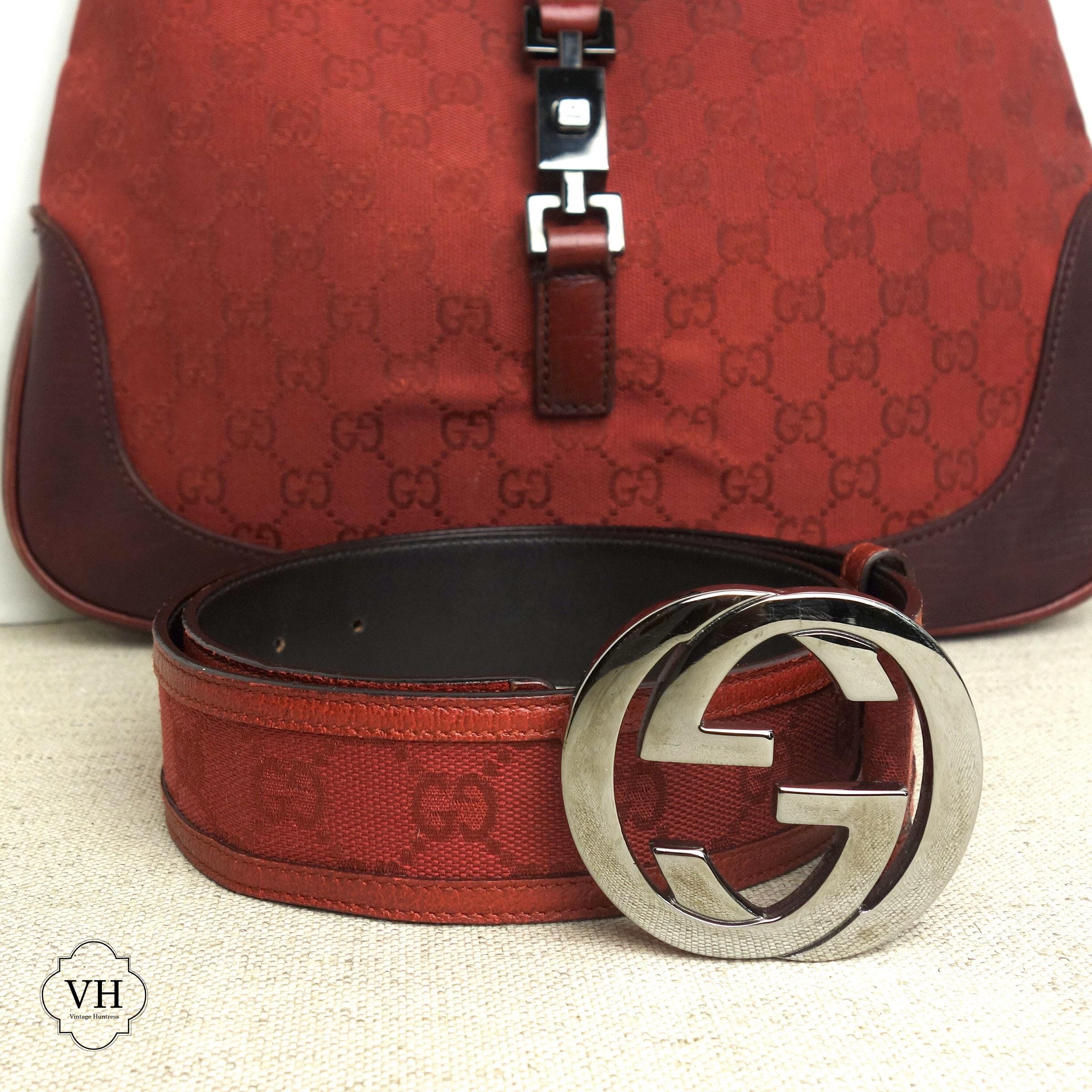 Vintage Gucci Red Belt, Gunmetal, Burgundy, Monogram Gg