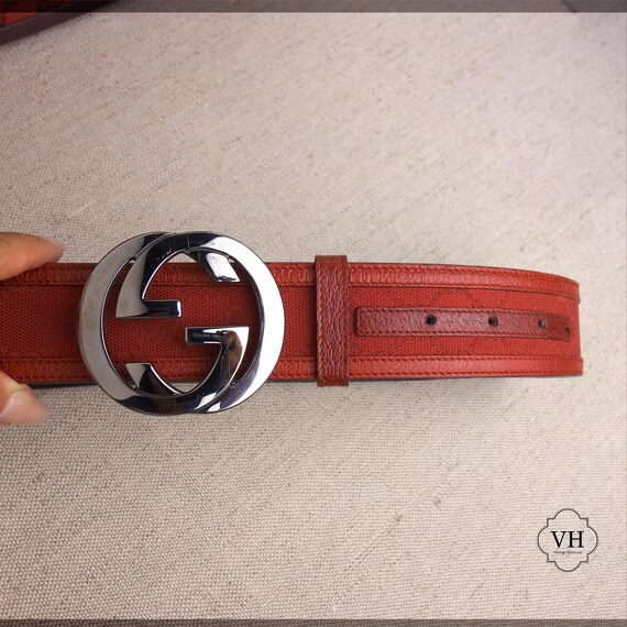 Vintage Gucci Red Belt, Gunmetal, Burgundy, Monogram Gg display picture 1