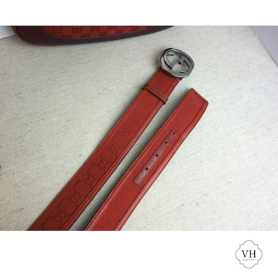 Vintage Gucci Red Belt, Gunmetal, Burgundy, Monogram Gg's