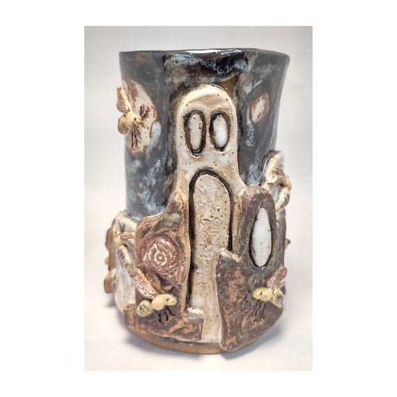 Bee Cemetery Cup | Handmade Ceramic Sculpture with Bees and Gravestones | Insect Art Pottery