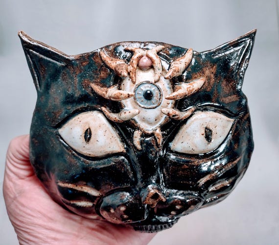Ceramic Cat Wall Mask Handmade  | Third Eye Black Cat  | Wall Hanging