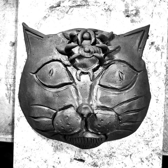 Ceramic Cat Wall Mask Handmade  | Third Eye Black Cat  | Wall Hanging