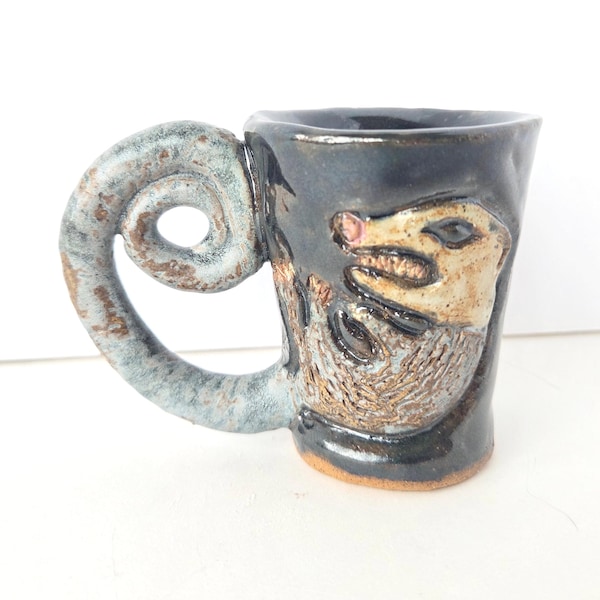 Handmade Ceramic Opossum Espresso Mug, Miniature Stoneware Shot Glass, Prehensile Tail Handle