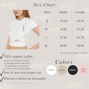 Camiseta de bebé para mujer Tabla de tallas de marca genérica Tabla de colores Características principales Maqueta de camiseta de bebé Printify POD Camiseta orgánica para bebé Infografía Instrucciones de cuidado
