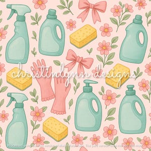 May include: A repeating pattern featuring cleaning supplies and floral elements. The design includes light blue spray bottles, detergent bottles, yellow sponges, pink bows, pink gloves, and pink flowers on a light pink background. The text "christin designs" is visible.