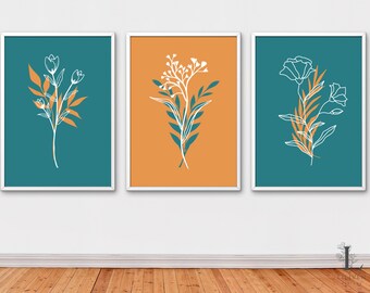 Türkis und Rost Wandkunst Galerie 3er-Set | Boho Wanddekor | Digitaler Download | Minimalistische botanische Wanddekoration