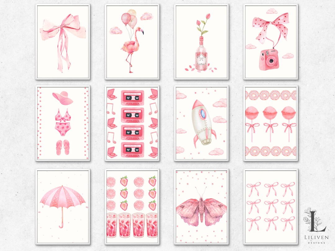 Trendy Pink Bows Wall Art Gallery Set of 12 | Coquette Room Decor ...