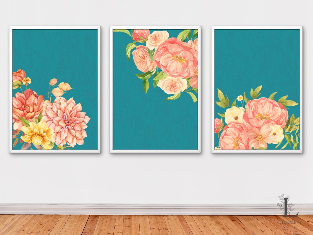 Teal and Pink Floral Wall Art | Printable Wall Art | Set of 3 Gallery ...