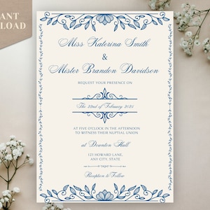 Victorian Blue Wedding Invitation | Navy Blue Wedding Invitations | Royal Blue Wedding Invitation Template | Editable Template