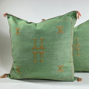 Moroccan Silk Pillow – Green with Yellow Berber Embroidery & Tassels – Boho Tribal Throw Cushion Cover – All Size