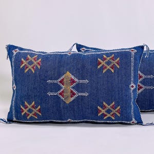 Handmade Moroccan Silk Pillow Cover – Blue with Yellow & Red Berber Embroidery, Boho Tribal Home Décor Cushion – All Size