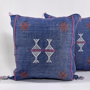 Indigo Blue with Tribal Berber Embroidery & Tassels – Boho Ethnic Home Décor – Handmade Moroccan Sabra Silk Pillow Cover – All Size