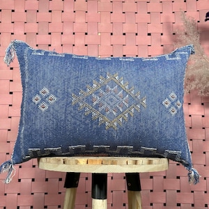 Blue silk pillow, Moroccan Sabra cushion, handmade cactus silk pillow, Berber Sabra cushion, Pillow Throw, Moroccan Lumbar Sabra Cushion