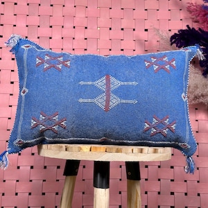 blue Pillows silk ,Pillow Cactus Silk, Moroccan Lumbar Cushion Handmade Silk Decorative Pillow, Moroccan Sabra Decorative Cushion