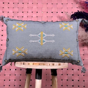 Moroccan Sabra Silk Pillow Cover – Handwoven Cactus Silk Cushion with Embroidery – Boho Decorative Pillowcase