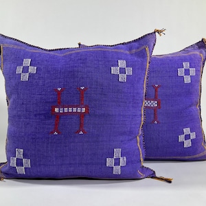 Moroccan Cactus Silk Pillow Cover – Handwoven Purple Sabra Cushion with Tribal Berber Embroidery, Boho Home Decor, All Size