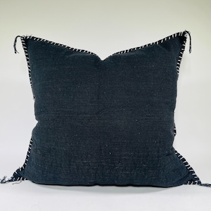 Handmade Moroccan Silk Pillow Cover – Black Cushion with White Stitching, Modern Boho Sabra Pillowcase, Square Decorative Throw 20x20