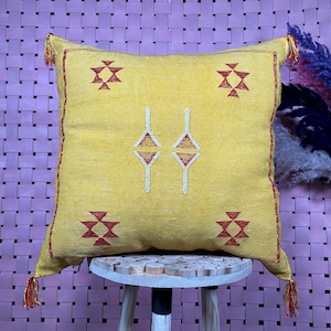 Yellow Moroccan Cactus Silk Pillow ALL SIZES– Boho Decorative Throw Cushion with Tribal Motifs – Custom Square Sabra Pillow Cover 20x20