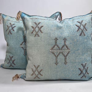 Moroccan Cactus Silk Pillow Cover – Light Blue Gray Boho Cushion with Tribal Embroidery, Decorative Accent Pillow Case 20x20 inches