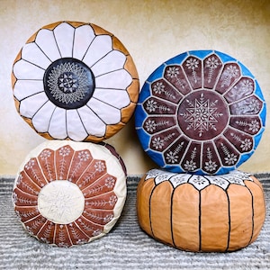 Moroccan POUF **70% OFF** with White Stitching Leather Pouf Ottoman Pouf Morrocan Leather Pouf Moroccan Pouffe, Home gifts, Wedding Gifts