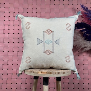 Moroccan Silk Pillow Cover with Tribal Symbols – Cream, Blue & Rust Embroidery – All Sizes Available – 20 inch