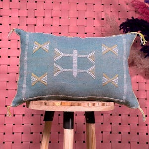 Teal Blue with Berber Tribal Embroidery, Ethnic Boho Décor, Moroccan Cushion – Handmade Moroccan Silk Pillow Cover – All Size