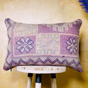 Handmade Moroccan Wool Pillow – Vintage Kilim Design 17x25 Inches | Purple Berber Accent Pillow